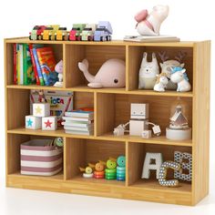 a wooden shelf filled with lots of toys