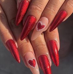 Elevate your nails with this stunning glittery red nail set. With Valentines Day around the corner, there is no better set to have on! They exude class and style without doing too much. Perfect for an everyday nail set of for special occasions, such as weddings, graduation, birthdays and special holidays.   Each nail set is custom made for each customer. If you have any questions about the size or style of the nails, please message me, I'm more than willing to assist of answer any queries you may have.  We understand that our customers appreciate quick and seamless deliveries so we work around the clock to deliver high quality press on nails in a short period of time. We take 1-4 working days to make the set, followed by 5-12 working days delivery. Each package gets FREE international deli Red Stiletto Nails, Valentine's Day Nails, Valentines Nails, Stiletto Nails, Holiday Nails, Holiday Specials, False Nails, Red Nails, Press On Nails