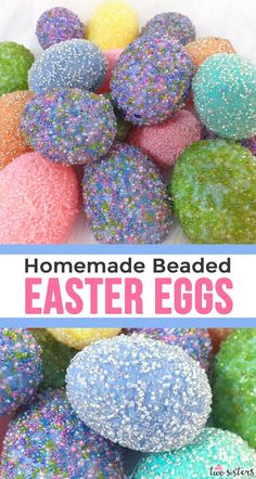 homemade beaded easter eggs with colorful sprinkles on them and text overlay that says homemade beaded easter eggs