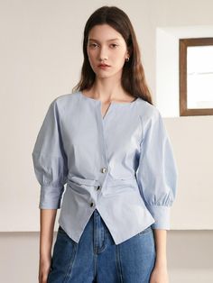 Composition : COTTON 65% POLYESTER 25% NYLON 10%Country of Origin : CHINA Balloon Sleeve Shirt, Shirt Sleeves, Top Shirt, Color Blue, Balloons, Composition, Top Outfits, China, Clothes For Women