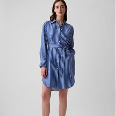 New With Tags, Size L Striped Shirt Dress By Gap. Has Side Pockets And 1 Front Breast Pocket. Measures 21" From Armpit To Armpit. 37" From Shoulder To Longest Part Of Hem. From A Smoke And Pet Free Home. Blue Striped Dress Fall, Blue And White Shirt, Which Is Better, Striped Shirt Dress, Gap Dress, White Shirt Dress, Tie Belt, Striped Shirt, Striped Dress