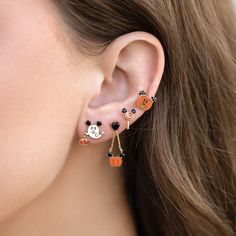 There Are No Tricks, Just Treats, When You Shop The Disney Pumpkin Patch Earring Set. Can We All Agree That These Are The Cutest Halloween Accessories Ever? Get In The Spooky Spirit And Shop Our Entire Disney Halloween Collection Here. ***** Similar To Girls Girls Crew****** 18k Gold Plated Over Brass With A Protective Coating Cubic Zirconia Stones Hand Painted Enamel Sterling Silver Posts And Butterfly Backings Approx. 8mm-2cm Length Includes 4 Mismatched Earrings - Halloween Candy, Mickey Ghos Commemorative Jewelry, Disney Princess Villains, Mouse Pumpkin, No Tricks Just Treats, Mickey Mouse Pumpkin, Disney Pumpkin, Halloween Party Gifts, Mismatched Earrings, Kawaii Halloween