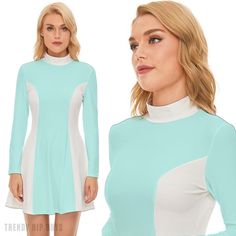 Step into the iconic fashion of the 60s with our Mod Dress - a stylish nod to the Color Block trend that defined the era. This 60s Dress Style showcases a contrasting light blue and white color block print, creating a visually striking and retro aesthetic. Crafted from 100% velour polyester, this Blue GOGO Dress offers a luxurious feel and ensures a comfortable fit. The Princess Style bodice with a mini skirt, turtle neckline, and long sleeves embodies the quintessential 60s fashion, making it a Gogo Dresses For Sale, Dress 60s Style, 60s Mod Fashion, 60s Fashion Dresses, 60s Mini Dress, Gogo Dress, 60s Style, Color Block Dress, Velour Fabric