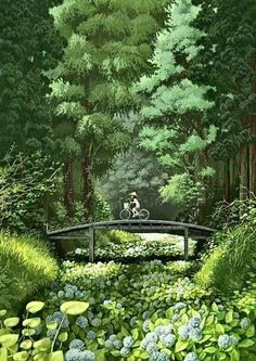 a painting of a person riding a bike across a bridge in the woods with blue flowers