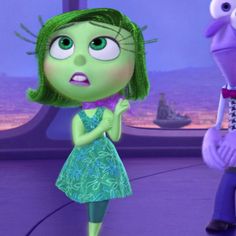 an animated character with green hair and blue dress standing in front of a purple background