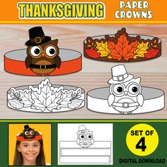 "★ DIGITAL DOWNLOAD ★ These fun Thanksgiving Printable Paper Crown templates are great for a party. Your purchases includes both: a black and white version, and a version in colors! Ready-to-print PDF files. ★YOUR DOWNLOAD INCLUDES: ✔ x 1 Owl Paper Hat template (Black & White) (Size 8.5\"x11\") ✔ x 1 Owl Paper Hat template (Colors) (Size 8.5\"x11\") ✔ x 1 Leaves Paper Hat template (Black & White) (Size 8.5\"x11\") ✔ x 1 Leaves Paper Hat template (Colors) (Size 8.5\"x11\") ★FORMAT: ➤PDF / Printable / Digital Download / Print and Go / Letter Size 8.5x11 inches ★ This file is for PERSONAL USE ONLY. Commercial use and unauthorized distribution is NOT allowed. Copyright © 2022 FuntastiK Printables by TLG. All Rights Reserved ★ If you have any questions or concerns, please do not hesitate to con Paper Crowns For Kids, Paper Hat Template, Owl Paper, Crown Template, Thanksgiving Paper, Thanksgiving Activity, Hat Template, Headband Crafts, Crown For Kids