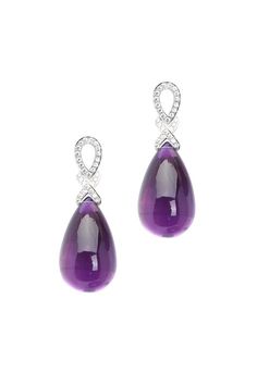 18K White Gold Amethyst & Diamond Drop Earrings Luxury Purple Earrings For Evening, Luxury Amethyst Teardrop Earrings, Luxury Amethyst Earrings For Formal Occasions, Luxury Silver Amethyst Earrings, Formal Amethyst Briolette Earrings, Amethyst Briolette Earrings For Formal Occasions, Luxury Purple Sterling Silver Earrings, Formal Purple Diamond Earrings, Princess Diamond Earrings