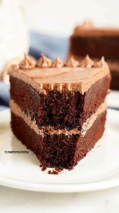 a slice of chocolate cake on a white plate