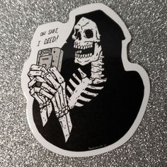 a sticker with a skeleton holding a cell phone in it's right hand