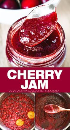 cherry jam in a jar with spoons and cherries