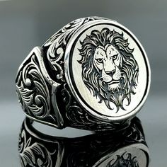 Lion Head Signet Ring , African and Zodiac Ring , Leo Signet Ring , Animal Signet Ring , 925k Sterling Silver Handmade Ring , Gift For Him ★Item Details * Gender : Male / Female * Material : 925K Sterling Silver * Total weight :  14 Grams ✔ Ready to Ship in 1-2 Business Days .. ✔ Shipped to the Worldwide 1-5 business days with free shipping... ✔ The product will be sent to you with a handmade wooden box to avoid any damage during shipping... ✔ Visit our store, browse other Men's jewelry, silver Zodiac Rings, Youtube Design, Lion Head, Gold Collection, Jewelry Silver, Men's Jewelry, Signet Ring, Wooden Box, Business Fashion