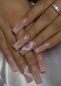 Nails With Acrylic Flowers Design, Rhinstone Patterns Nails Long, Medium Nails Baddie, Pink Quince Nails Short Simple, Tapered Square Nails Designs Ideas, Sweet 16 Nails Short, Acrylics With Flowers, Short Nails With Gems, 16 Nails