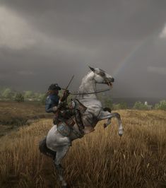 a man riding on the back of a white horse in a field under a cloudy sky