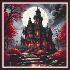 a house in the woods with red leaves on it and a full moon behind it