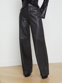 A luxe straight-leg trouser in black lambskin leather. Supple premium-leather hugs from contoured waistband to upper thigh, then releases into a full straight leg. Includes front slant and back welt pockets. With zip fly and hidden hook-and-bar closures. Fully lined. 100% Leather. Great Neck New York, Evening Jumpsuit, Knit Denim, Leather Trousers, Casual Blazer, Straight Leg Trousers, Winter 2023, Lambskin Leather, Vest Dress