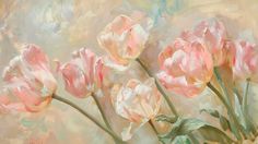 a painting of pink tulips in a vase