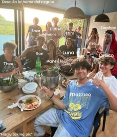 a group of people sitting around a table with food in front of them and the names of their respective groups