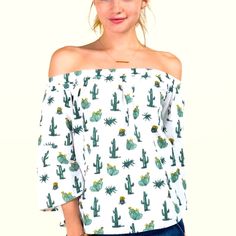 Super Cute And Fun, New With Tags Off The Shoulder Blouse From A Francescas Boutique Store. Cute And Comfortable Size Medium. New With Tags Green Off-shoulder Casual Top, Printed Summer Tops For Brunch, Summer Printed Tops For Brunch, Summer Off-shoulder Printed Top, Printed Off-shoulder Summer Tops, Printed Tops For Summer Brunch, Printed Green Tops For Brunch, Casual Printed Blouse For Brunch, Trendy Printed Blouse For Brunch