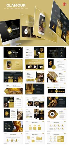 the website design for glamour is shown in gold, black and white colors with an elegant touch