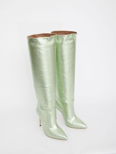 Knee-high boots in green metallic leather. Pointed toe and stiletto heel. Suede sole. Heel height: 10,5cm ITA size.  Size nationality: ITA  Product number: 33546838  Product code: PX501XLTM3SPRING GREEN  Composition: 100% leather Luxury Metallic Boots With Pointed Toe, Luxury Metallic Pointed Toe Boots, Elegant Metallic High Heeled Boots, Luxury High Heel Metallic Boots, Luxury Metallic High Heel Boots, Luxury Metallic Boots For Formal Occasions, Green Fitted Boots For Formal Occasions, Luxury Metallic Evening Boots, Formal Green Fitted Boots