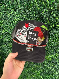 Get ready to take on the day with our Take It Easy Trucker Hat! Custom made at our in-store hat bar, this hat is perfect for adding a fun and playful touch to any outfit. Playful Mini Hats With Adjustable Short Brim, Playful Mini Hat With Adjustable Short Brim, Playful Adjustable Mini Hat With Short Brim, Casual Snapback Party Hat, Fun Mini Hats With Adjustable Flat Brim, Fun Curved Brim Hat For Kentucky Derby, Fun Adjustable Mini Hat With Flat Brim, Playful Short Brim Hat One Size Fits Most, Adjustable Flat Brim Mini Hats