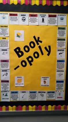 a bulletin board with the words book - opoly written in black on it