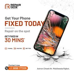 an advertisement for repair now showing the cracked screen and broken glass on top of it