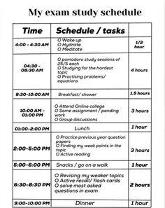 a timetable for the exam schedule