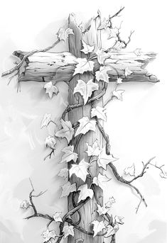 the cross is covered with ivys and leaves in black and white, as if it were painted on wood