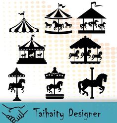 the silhouettes of different carousels and horses are shown in this graphic art file