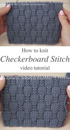 two photos showing how to knit the checkerboard stitch on an oven mitt