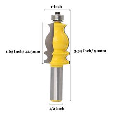 a yellow and silver metal object with measurements