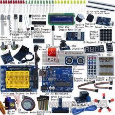 the electronic components are displayed in this image, including wires, buttons and other electronics