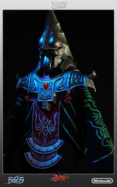 an image of a man in armor with blue lights on his face and arms, standing against a black background