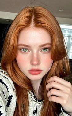 a woman with red hair and green eyes is posing for a photo in front of a mirror