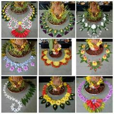 many different types of flowers are arranged on the ground