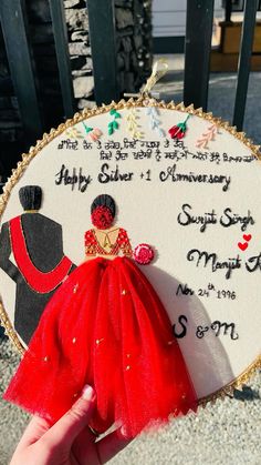 a hand holding up a sign with a red dress on it