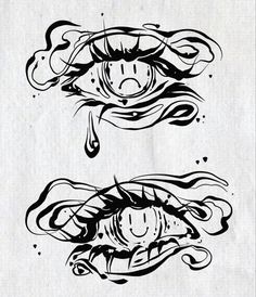 two black and white ink drawings of eyes, one with tears on its forehead