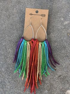 Rainbow fringe metallic leather earrings rainbow leather | Etsy Rainbow Fringe Dangle Earrings, Rainbow Dangle Earrings With Fringe, Trendy Fringe Tassel Earrings For Festivals, Rainbow Fringe, Staple Earrings, Denim Diy, Rainbow Earrings, T Shirt And Jeans, Free Spirited