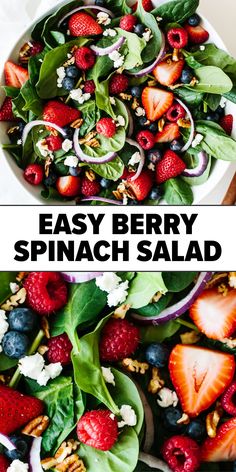 Berry spinach salad Healthy Daily Salads, Lettuce And Spinach Salad Recipes, Salad With Strawberries And Blueberries, Summer Tossed Salad Recipes, Memorial Day Salad Ideas, 4th Of July Salads Ideas, Spring Salads For Parties, Summer Christmas Food, Leaf Salad Recipes