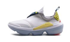 The Nike Joyride Optik Women's shoe is a comfort-oriented silhouette that offers a lot of style.  The sleek silhouette is done primarily in white and light grey and then paired with fun color accents in citron, yellow, and forest green.  The asymmetrical zip closure feels snug against the foot and bears the shoe's style name written in white font.  The upper rests on an icy blue translucent rubber footbed.  The Joyride Optik treats feet to a new world of cozy with a soft cushioning unit comprise Nike Joyride, Color Accents, A New World, Fun Color, Stadium Goods, Icy Blue, Latest Sneakers, Nike Womens, Adidas Tubular Defiant