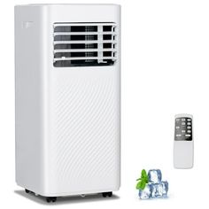 a white air conditioner sitting next to an ice cube