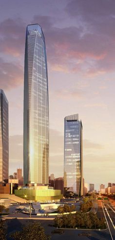 an artist's rendering of two skyscrapers in the middle of a large city