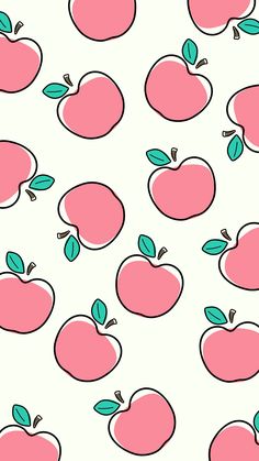 pink apples with green leaves are on a white background, and the pattern is drawn by hand