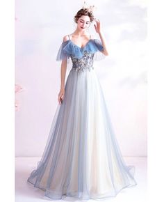 Buy Pretty Light Blue Tulle Long Prom Dress With Beaded Embroidery at wholesale price online. Free shipping and pro custom service since 2009. Tulle Long Prom Dress, Fairy Style, A Line Evening Dress, Blue Tulle, Fantasy Gowns, Fairy Fashion, Pretty Lights, Long Prom Dress, Future Wedding