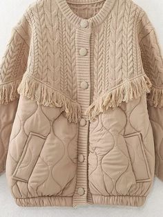 F00211540-203 Beige Cable Knit Outerwear For Fall, Trendy Cable Knit Cream Outerwear, Trendy Cream Cable Knit Outerwear, Beige Patchwork Sweater For Winter, Casual Knit Patchwork Outerwear, Winter Outerwear With Tassels And Long Sleeves, Winter Long Sleeve Outerwear With Tassels, Winter Beige Patchwork Cardigan, Beige Patchwork Cardigan For Winter