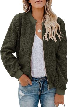 Eurivicy Women Fleece Jacket Winter Bomber Long Sleeve Faux Sherpa Fuzzy Casual Zip Up Coat Pocket - fall jackets Modern Chic Fashion, Sherpa Fleece Jacket, Striped Tops Women, Fuzzy Coat, Womens Sherpa, Waffle Knit Sweater, Lace Sweater, Sweater Dress Women, Collar Sweater