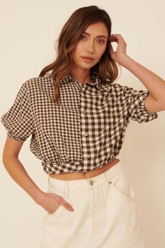 Carefree Heart Cropped Button-Up Gingham Shirt - ShopPromesa Miami Street Style, Super Flare Jeans, Gingham Shirt, Plaid Pattern, Plaid Shirt, Flare Jeans, Smocking, Gingham, Button Up