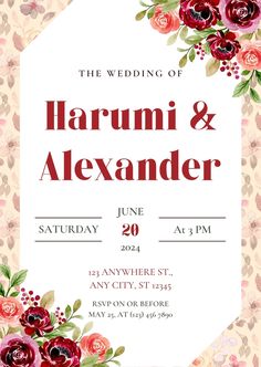 an elegant wedding card with flowers and leaves on the front, in pinks and reds