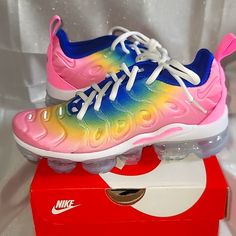 Womans Nike Air Vapormax Plus Rainbow Coordinate Nwt Size6. Cm Is 23 For Size In Womans. These Are Brand New Never Worn. Message Me For Questions Pink Running Shoes With Abzorb Midsole For Streetwear, Casual Pink Sneakers With Air Cushioning, Casual Pink Running Shoes With Translucent Outsole, Pink Synthetic Sneakers With Air Max Cushioning, Pink Running Shoes With Air Max Cushioning, Pink High-top Sneakers With Air Cushioning, Pink Running Shoes With Air Cushioning For Streetwear, Rainbow Color Sporty Sneakers, Pink Lace-up Sneakers With Air Cushioning